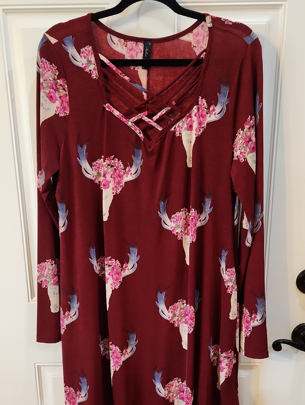 Floral Skull Crisscross Long-Sleeve Dress - Burgundy